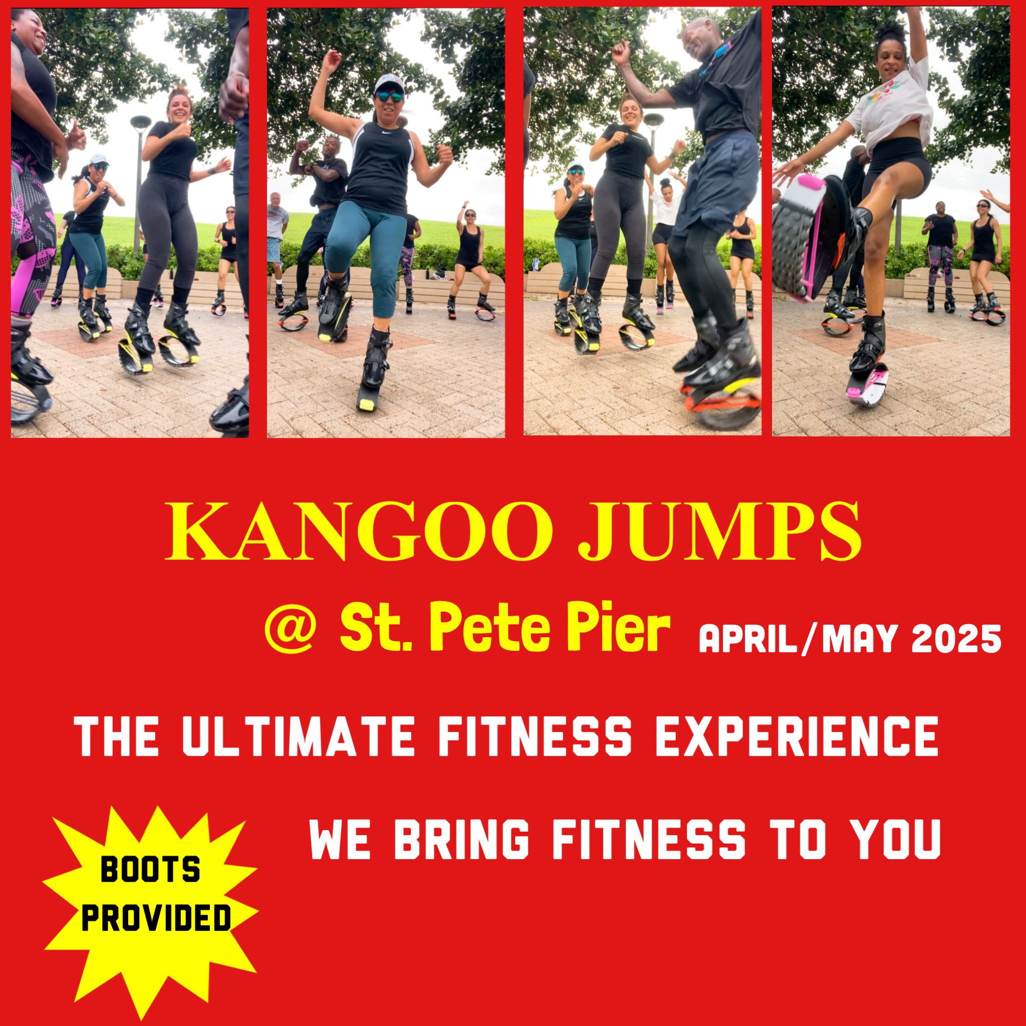 Fitness flyer with people doing kangoo fitness class on a red background