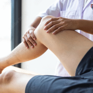 person having their leg stretched by another person during an assisted stretching session