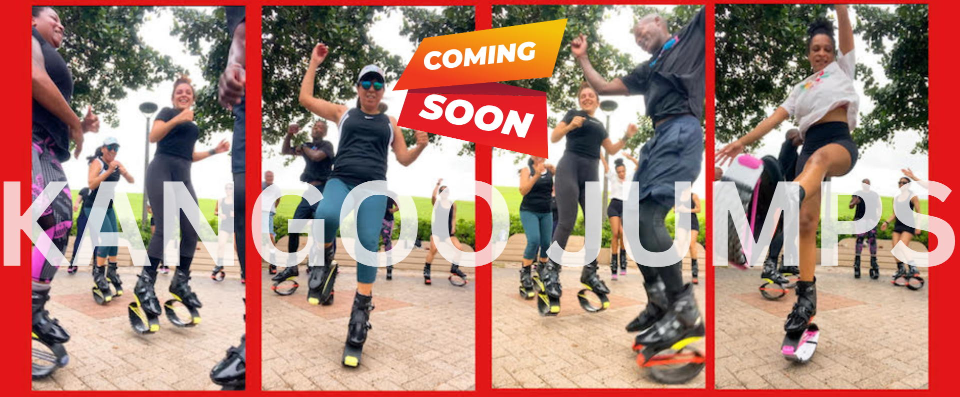 Group doing kangoo Jumps class outdoors